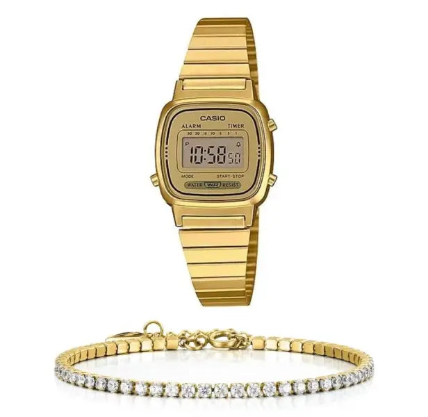 סט שעון יד דיגיטלי לאישה עם צמיד טניס מוזהב casio la670wga-9 קאסיו