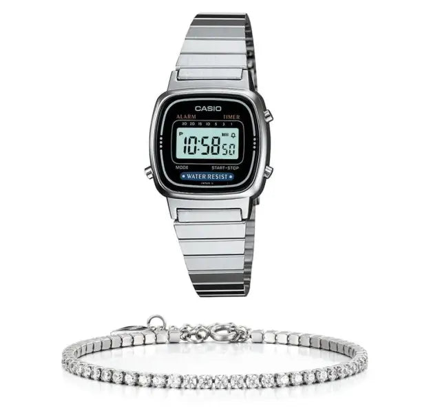 סט שעון יד דיגיטלי לאישה עם צמיד טניס כסוף casio la670wa-1df קאסיו