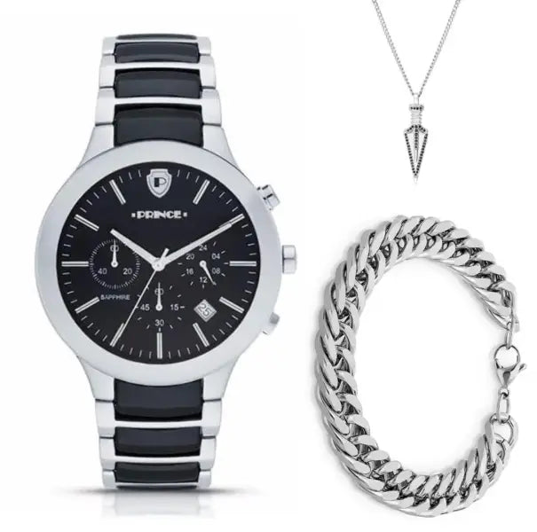 שעון פרינס לגבר דגם matrix c silver | צמיד חוליות ושרשרת חץ