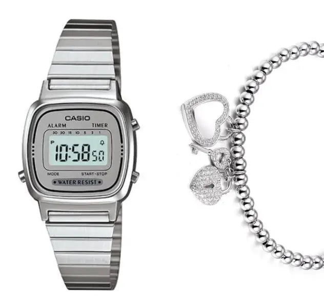 סט שעון יד דיגיטלי לאישה עם צמיד מפתח הלב כסוף casio la670wa-7 קאסיו