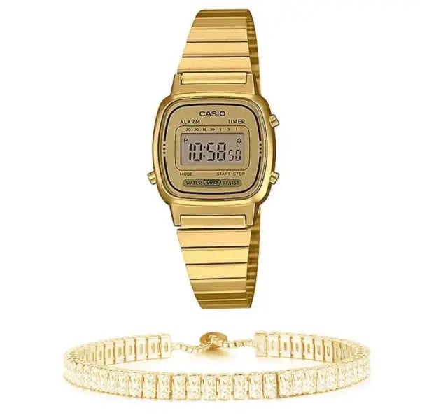 סט שעון יד דיגיטלי לאישה עם צמיד באגטים מוזהב casio la670wga-9 קאסיו
