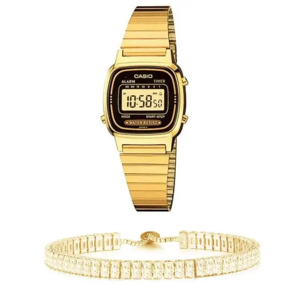 סט שעון יד דיגיטלי לאישה עם צמיד באגטים מוזהב casio la670wga-1 קאסיו