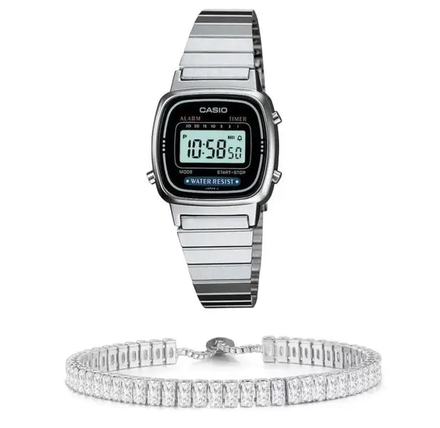 סט שעון יד דיגיטלי לאישה עם צמיד באגטים כסוף casio la670wa-1df קאסיו