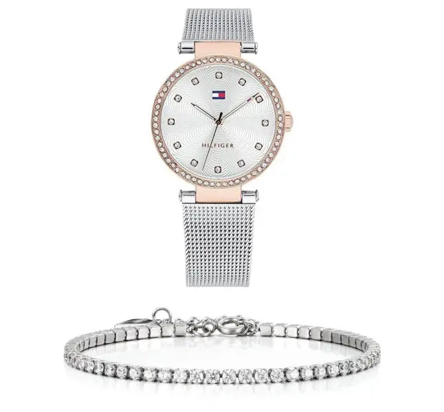 שעון טומי הילפיגר לאישה - אחריות יבואן! Tommy Hilfiger 1781863 עם צמיד טניס כסוף מתנה