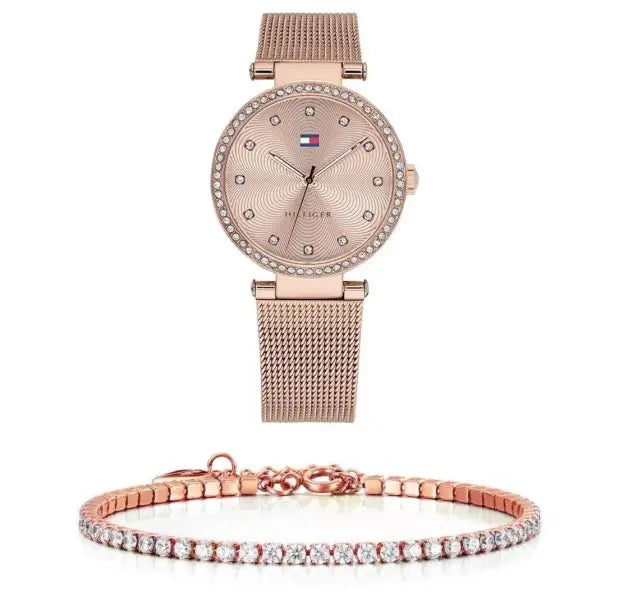 שעון טומי הילפיגר לאישה - אחריות יבואן! Tommy Hilfiger 1781865 עם צמיד טניס רוזגולד מתנה