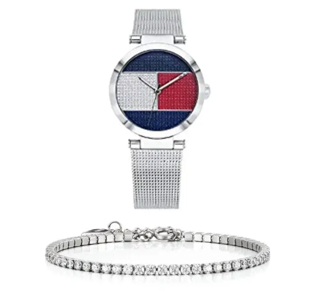 סט שעון יד אנלוגי לאישה Tommy Hilfiger 1781866 טומי הילפיגר עם צמיד טניס כסוף