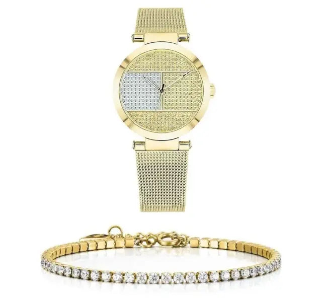 סט שעון יד אנלוגי לאישה Tommy Hilfiger 1781867 טומי הילפיגר עם צמיד טניס מוזהב