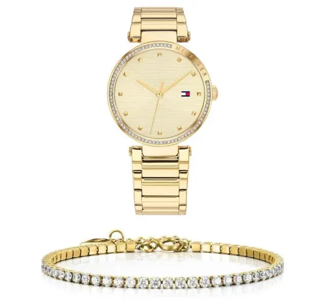סט שעון יד אנלוגי לאישה Tommy Hilfiger 1782235 טומי הילפיגר עם צמיד טניס מוזהב