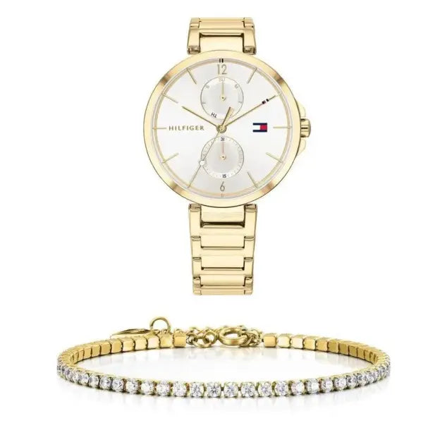 שעון טומי הילפיגר לאישה - אחריות יבואן! Tommy Hilfiger 1782128 עם צמיד טניס מוזהב מתנה