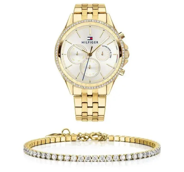 שעון טומי הילפיגר לאישה - אחריות יבואן! Tommy Hilfiger 1781977 עם צמיד טניס מוזהב מתנה