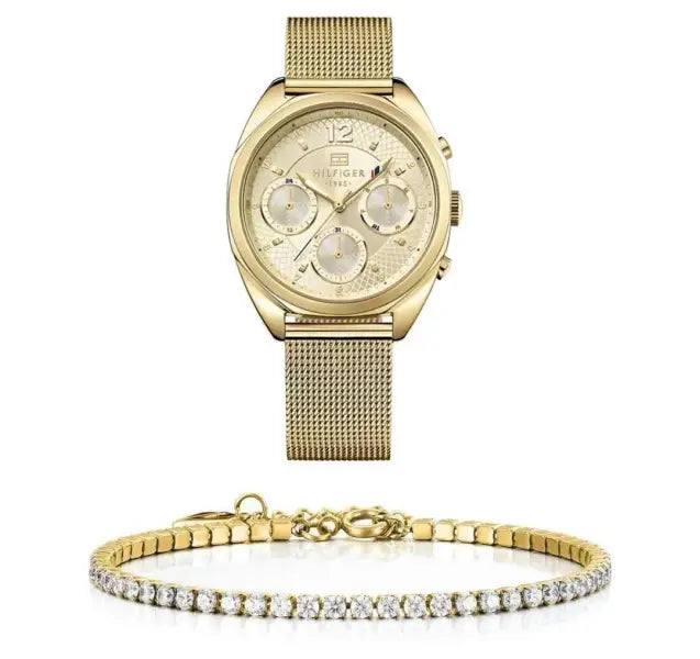 סט שעון יד אנלוגי לאישה Tommy Hilfiger 1781488 טומי הילפיגר עם צמיד טניס מוזהב