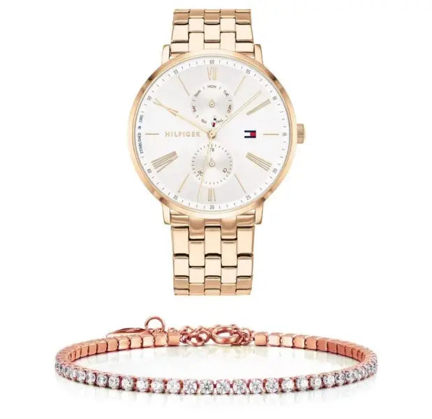 שעון טומי הילפיגר לאישה - אחריות יבואן! Tommy Hilfiger 1782070 עם צמיד טניס רוזגולד מתנה