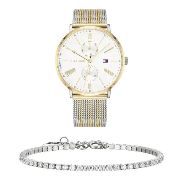 שעון טומי הילפיגר לאישה - אחריות יבואן! Tommy Hilfiger 1782074 עם צמיד טניס כסוף מתנה