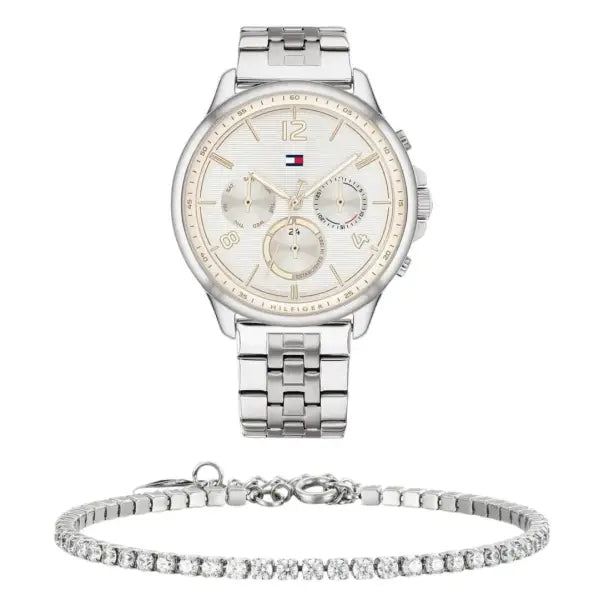 שעון טומי הילפיגר לאישה - אחריות יבואן! Tommy Hilfiger 1782222 עם צמיד טניס כסוף מתנה