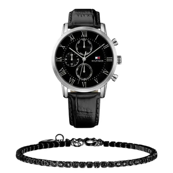 שעון טומי הילפיגר לגבר - אחריות יבואן! Tommy Hilfiger 1791401 עם צמיד טניס שחור מתנה