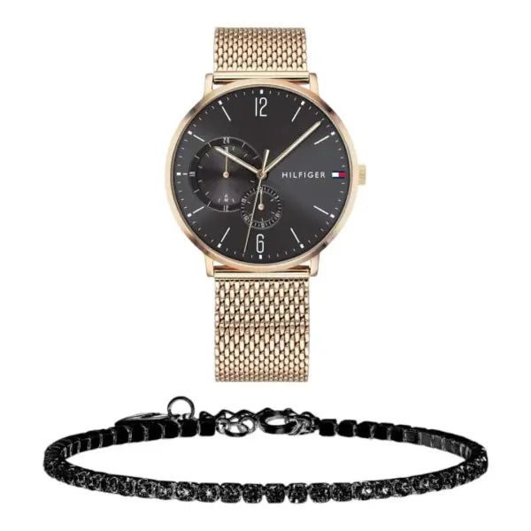 שעון טומי הילפיגר לגבר - אחריות יבואן! Tommy Hilfiger 1791506 עם צמיד טניס שחור מתנה