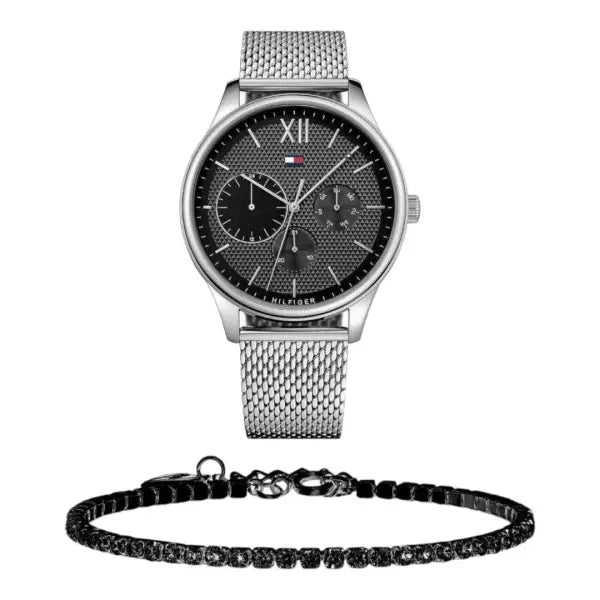שעון טומי הילפיגר לגבר - אחריות יבואן! Tommy Hilfiger 1791415 עם צמיד טניס שחור מתנה