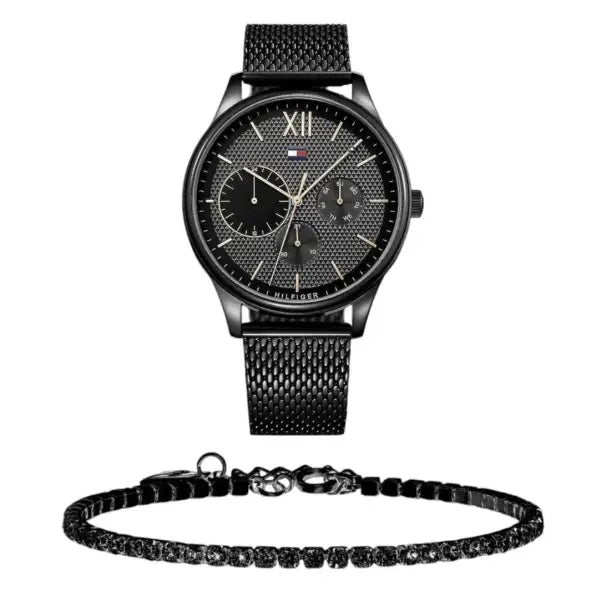 שעון טומי הילפיגר לגבר - אחריות יבואן! Tommy Hilfiger 1791420 עם צמיד טניס שחור מתנה