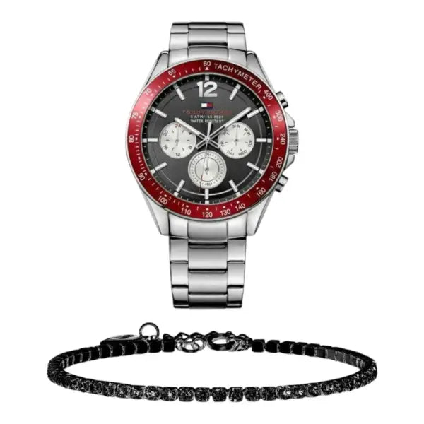 שעון טומי הילפיגר לגבר - אחריות יבואן! Tommy Hilfiger 1791122 עם צמיד טניס שחור מתנה