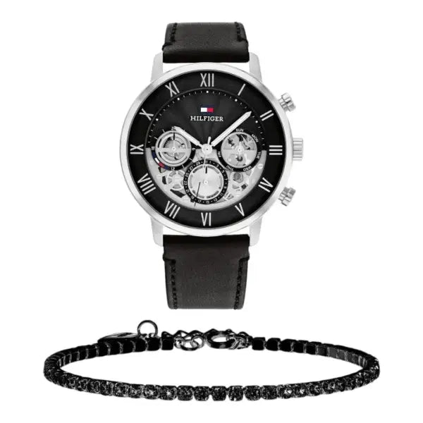 שעון טומי הילפיגר לגבר - אחריות יבואן! Tommy Hilfiger 1710565 עם צמיד טניס שחור מתנה