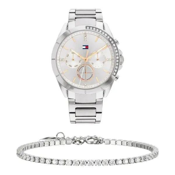 שעון טומי הילפיגר לאישה - אחריות יבואן! Tommy Hilfiger 1782384 עם צמיד טניס כסוף מתנה