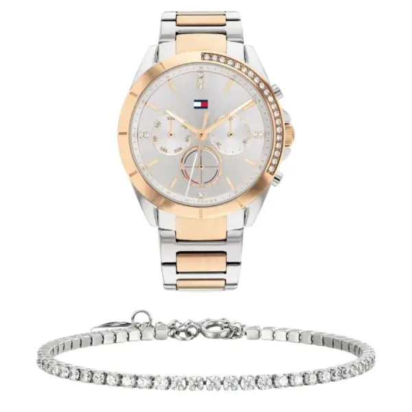 שעון טומי הילפיגר לאישה - אחריות יבואן! Tommy Hilfiger 1782387 עם צמיד טניס כסוף מתנה