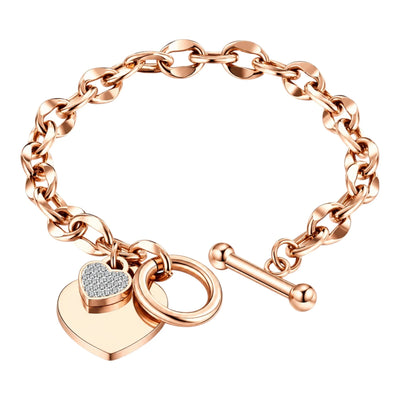 Ladies' link bracelet with rose gold heart charms, model TCR1949
