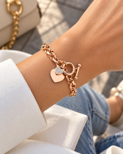 Ladies' link bracelet with rose gold heart charms, model TCR1949