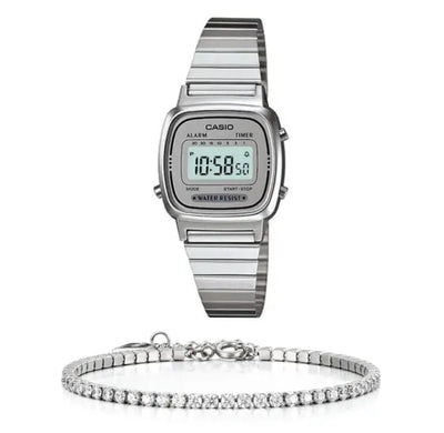 סט שעון יד דיגיטלי לאישה עם צמיד טניס כסוף casio la670wa-7 קאסיו
