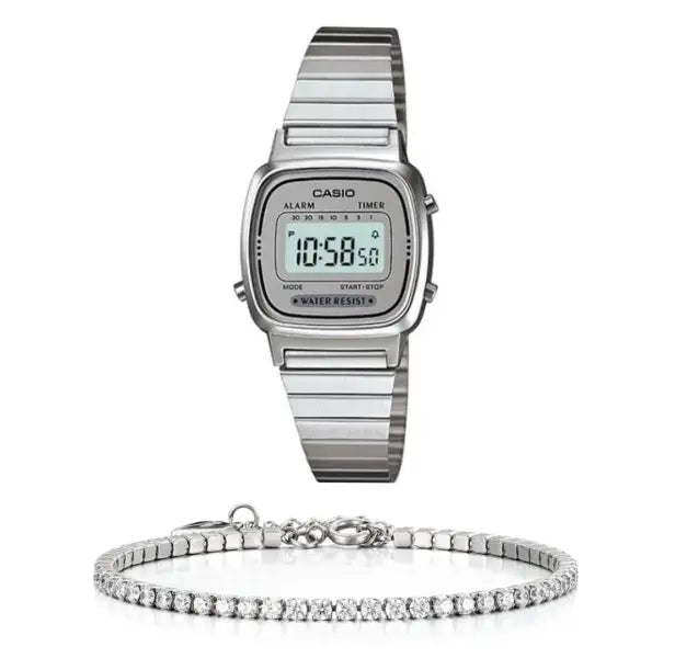 סט שעון יד דיגיטלי לאישה עם צמיד טניס כסוף casio la670wa-7 קאסיו