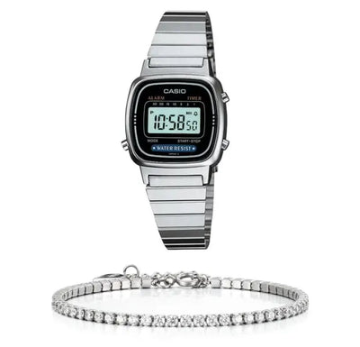 סט שעון יד דיגיטלי לאישה עם צמיד טניס כסוף casio la670wa-1df קאסיו