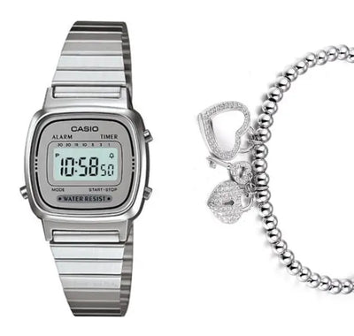 סט שעון יד דיגיטלי לאישה עם צמיד מפתח הלב כסוף casio la670wa-7 קאסיו