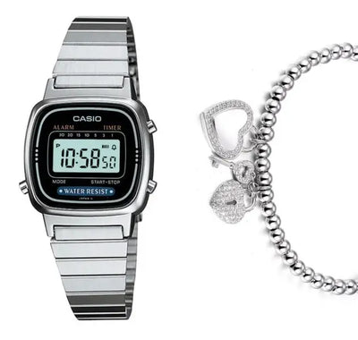סט שעון יד דיגיטלי לאישה עם צמיד מפתח הלב כסוף casio la670wa-1df קאסיו