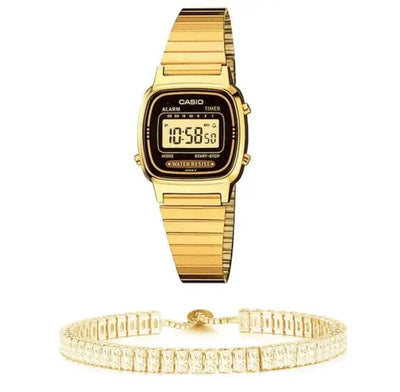 סט שעון יד דיגיטלי לאישה עם צמיד באגטים מוזהב casio la670wga-1 קאסיו