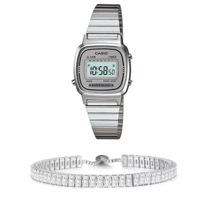 סט שעון יד דיגיטלי לאישה עם צמיד באגטים כסוף casio la670wa-7 קאסיו