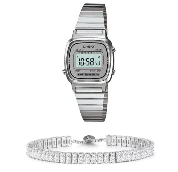 סט שעון יד דיגיטלי לאישה עם צמיד באגטים כסוף casio la670wa-7 קאסיו