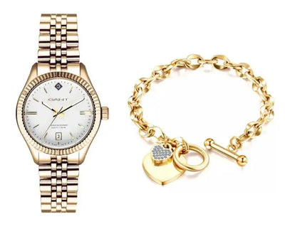 שעון גאנט לאישה דגם g136008 | צמיד לבבות מוזהב