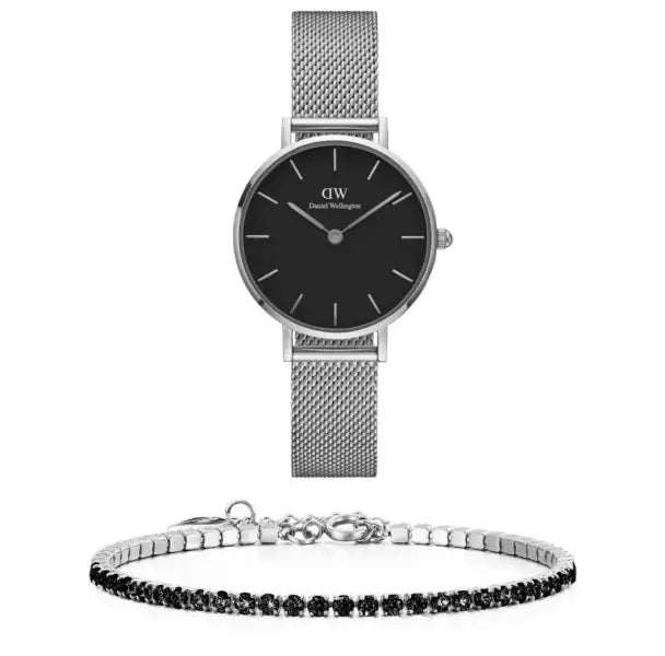 סט שעון יד אנלוגי לאישה daniel wellington dw00100162 דניאל וולינגטון עם צמיד טניס כסוף משובץ זרקונים שחורים