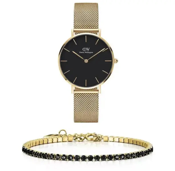 סט שעון יד אנלוגי לאישה daniel wellington dw00100347 דניאל וולינגטון עם צמיד טניס מוזהב משובץ זרקונים שחורים
