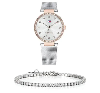 שעון טומי הילפיגר לאישה - אחריות יבואן! Tommy Hilfiger 1781863 עם צמיד טניס כסוף מתנה