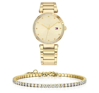 סט שעון יד אנלוגי לאישה Tommy Hilfiger 1782235 טומי הילפיגר עם צמיד טניס מוזהב