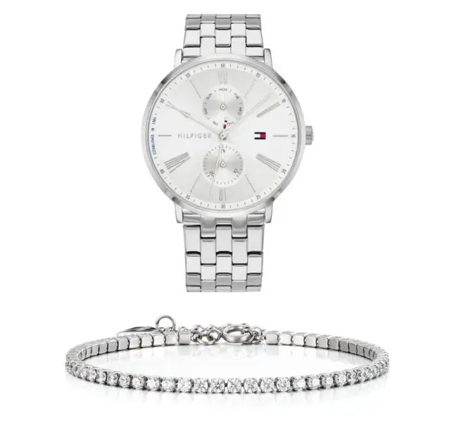 סט שעון יד אנלוגי לאישה Tommy Hilfiger 1782068 טומי הילפיגר עם צמיד טניס כסוף
