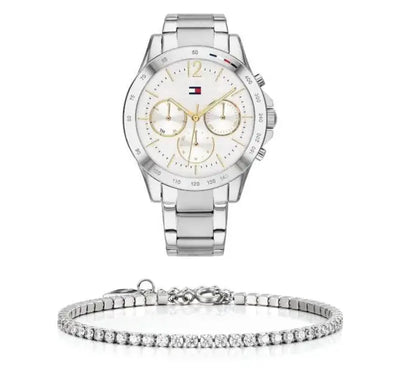 שעון טומי הילפיגר לאישה - אחריות יבואן! Tommy Hilfiger 1782194 עם צמיד טניס כסוף מתנה
