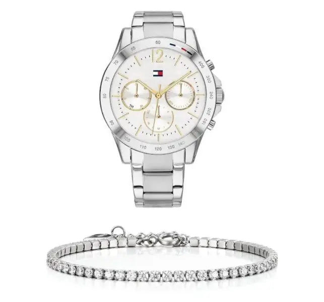 שעון טומי הילפיגר לאישה - אחריות יבואן! Tommy Hilfiger 1782194 עם צמיד טניס כסוף מתנה