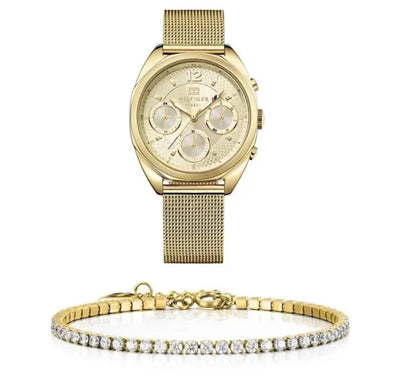 סט שעון יד אנלוגי לאישה Tommy Hilfiger 1781488 טומי הילפיגר עם צמיד טניס מוזהב