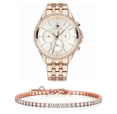 שעון טומי הילפיגר לאישה - אחריות יבואן! Tommy Hilfiger 1781978 עם צמיד טניס רוזגולד מתנה