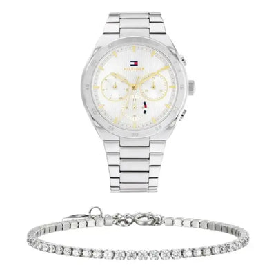 שעון טומי הילפיגר לאישה - אחריות יבואן! Tommy Hilfiger 1782573 עם צמיד טניס כסוף מתנה