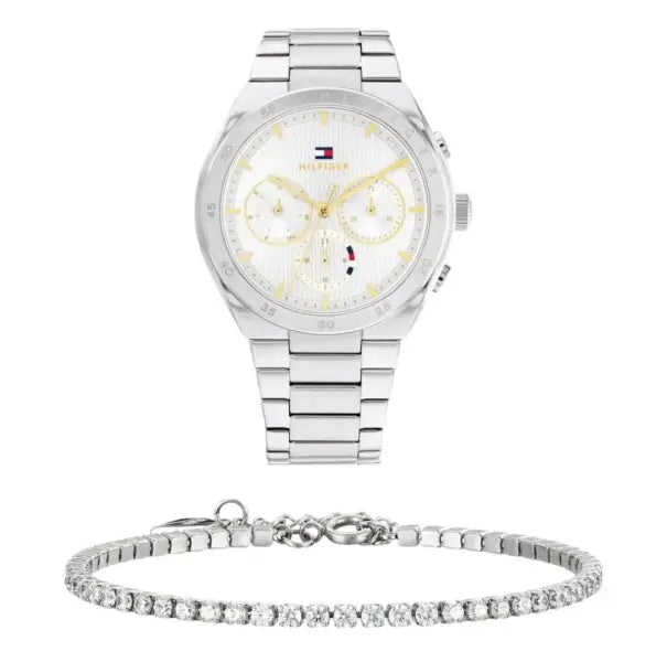 שעון טומי הילפיגר לאישה - אחריות יבואן! Tommy Hilfiger 1782573 עם צמיד טניס כסוף מתנה
