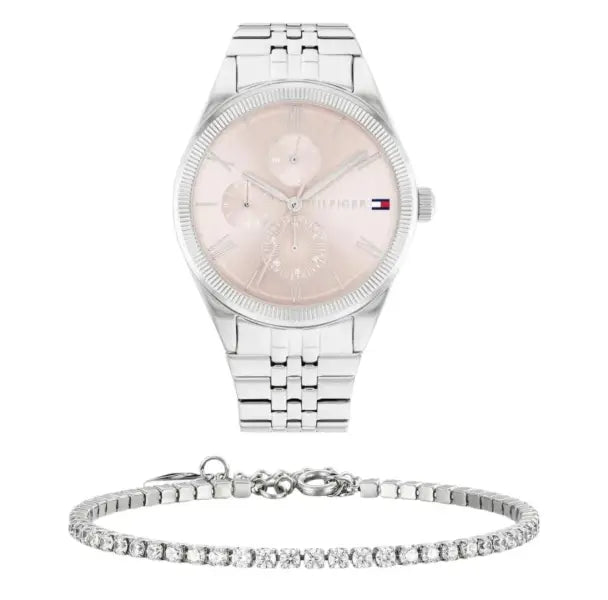 שעון טומי הילפיגר לאישה - אחריות יבואן! Tommy Hilfiger 1782590 עם צמיד טניס כסוף מתנה