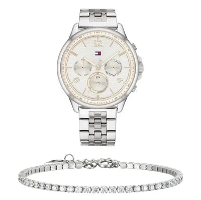 שעון טומי הילפיגר לאישה - אחריות יבואן! Tommy Hilfiger 1782222 עם צמיד טניס כסוף מתנה